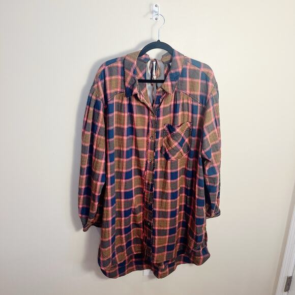 Free People Plaid Wild Side Tunic Flannel Size Medium Pink Brown - Picture 5 of 11